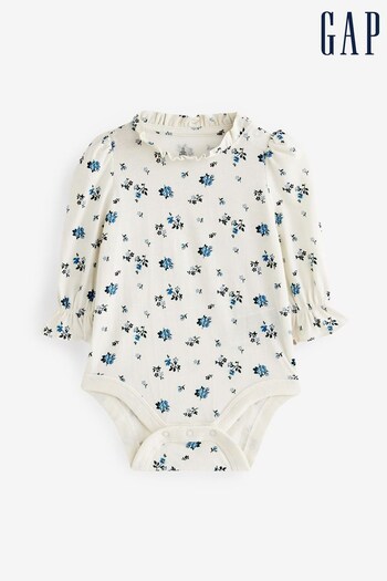 Gap White & Blue Ruffle Long Sleeve Baby Bodysuit (K71671) | £8
