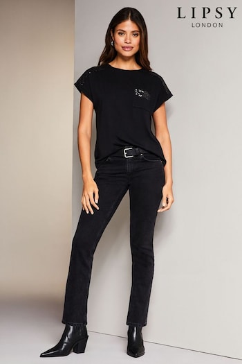 Lipsy Black Sequin Shoulder Detail  T-Shirt (K71692) | £25