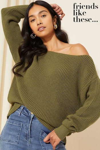 Friends Like These Moss Green Off The Shoulder Jumper (K71808) | £34