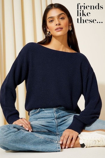 Friends Like These Navy Blue Knitted Off The Shoulder Jumper (K71809) | £34