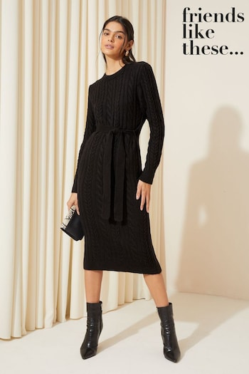 Friends Like These Black Cable Knit Belted Midi Jumper Dress (K71811) | £48