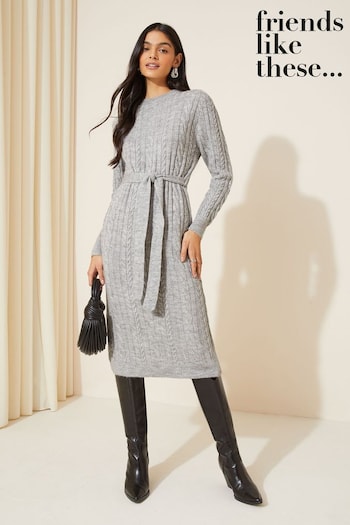 All Garden Furniture Grey Petite Cable Knit Belted Midi Jumper Dress (K71813) | £48