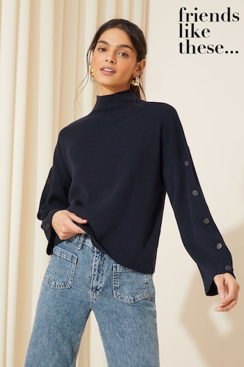 Tops, Shirts & T-Shirts Navy Blue Wide Sleeve Button Funnel Neck Knit Jumper (K71823) | £38