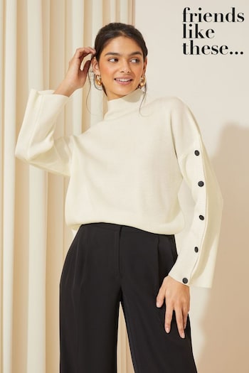 Tops, Shirts & T-Shirts Cream Wide Sleeve Button Funnel Neck Knit Jumper (K71824) | £38