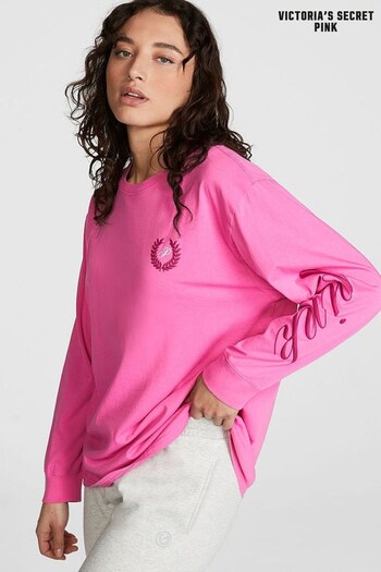 Victoria's Secret PINK Sizzling Strawberry Pink Long Sleeve Oversized Campus T-Shirt (K71878) | £29