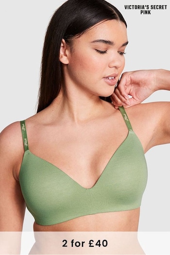 Victoria's Secret PINK Wild Grass Green Logo Non Wired Lightly Lined Cotton Bra (K71933) | £29