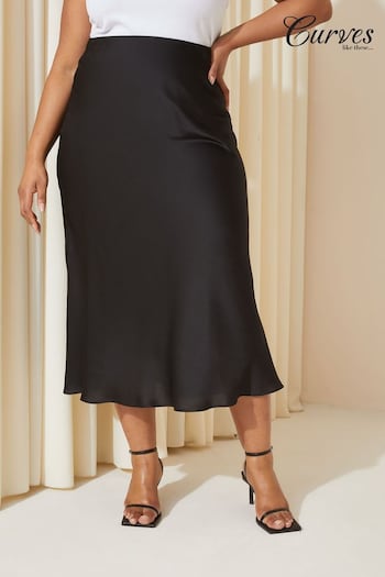 Curves Like These Black Satin Bias Midi Skirt (K72013) | £32