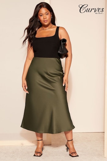 Curves Like These Khaki Satin Bias Midi Skirt (K72014) | £32