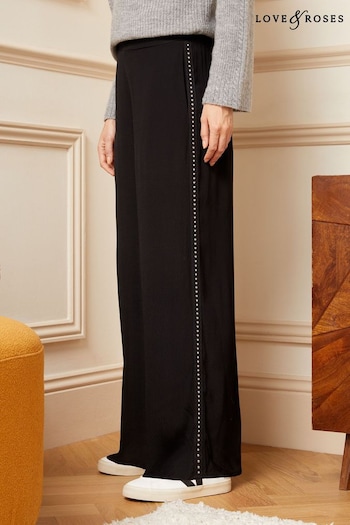 Short Pyjama Sets Black Stud Wide Leg Lightweight Side Trim Wide Leg Trousers (K72097) | £40