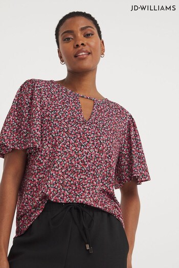 JD Williams Red Print Cut Out Front Puff Sleeve Printed Top (K72232) | £22