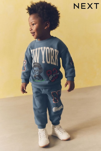 Blue New York Varsity All Over Print Crew Neck Sweatshirt and Joggers Set (3mths-7yrs) (K72256) | £19 - £23