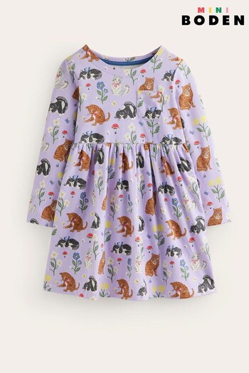 Boden Purple Long Sleeve Fun Cat Jersey Dress (K72320) | £23 - £27
