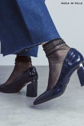 Moda in Pelle Blue Kendil Block Heel Metal Insert Pointed Court Shoes (K72362) | £149
