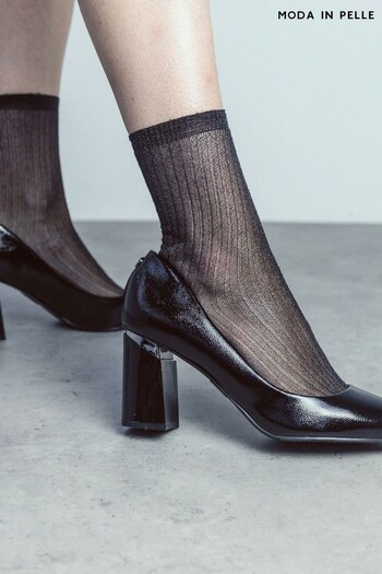 Moda in Pelle Kendil Block Heel Metal Insert Pointed Court Black Shoes (K72394) | £149