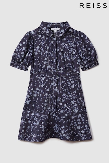 Reiss Navy Print Joanne Teen Printed Puff Sleeve Dress (K72433) | £75