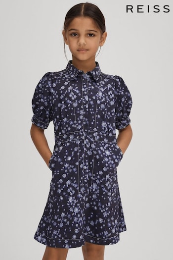 Reiss Navy Print Joanne Junior Printed Puff Sleeve Dress (K72461) | £65