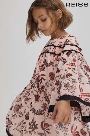 Reiss Pink Talitha Junior Printed Bell Sleeve Tiered Dress (K72487) | £65