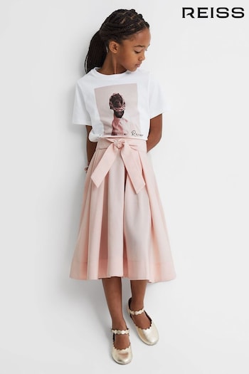 Reiss Pink Garcia Junior Pleated Belted Taffeta Midi Skirt (K72490) | £50