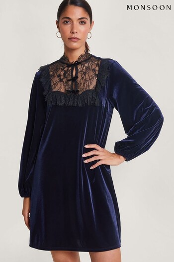 Monsoon Blue Bess Velvet Lace Dress (K72611) | £85