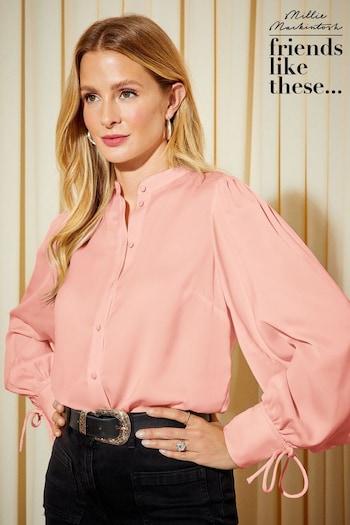 Friends Like These Blush Pink Petite Tie Cuff Puff Sleeve Button Through Blouse (K72636) | £37
