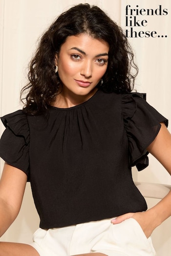 All Womens New In Black Double Ruffle Short Sleeve Top (K72638) | £26