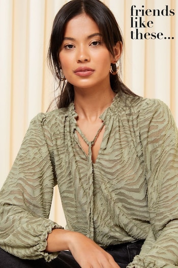 A t-shirt Puma Amplified para mulher é feita de algodão Khaki Green Long Sleeve Textured Jersey Blouse (K72641) | £34