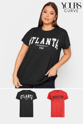Yours Curve Black Atlanta Boston Placement T-Shirts 2 Pack (K73000) | £29