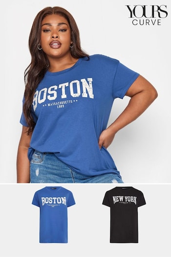 Yours Curve Blue New York Boston Placement T-Shirts Estate 2 Pack (K73065) | £29