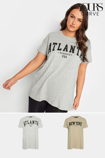 Yours Curve Grey Atlanta New York Placemment T-Shirts 2 Pack (K73066) | £29
