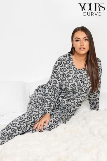 Yours Curve Grey Bear Face Long Sleeve Tapered Pyjama Set (K73097) | £29