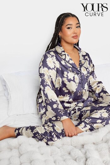 Yours Curve Purple Silhouette Floral Satin Pyjamas Set (K73098) | £34