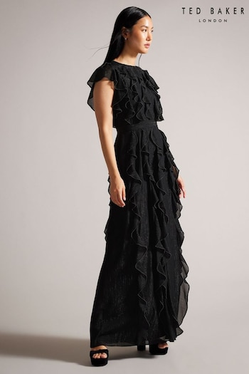 Ted Baker Hazzie Ruffle Maxi Black Dress With Metal Ball Trim (K73155) | £295