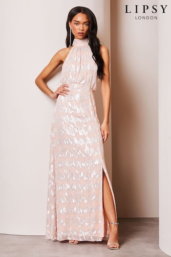 Lipsy Blush Pink Bridesmaid Halter Lurex Metallic Split Maxi Dress (K73178) | £120