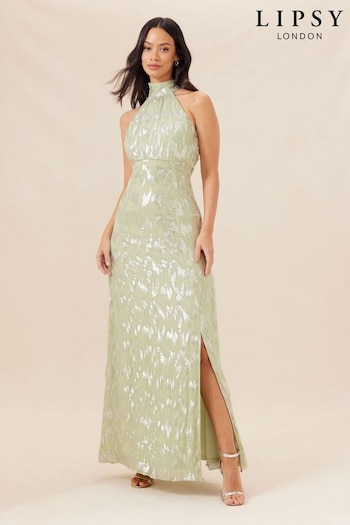 Lipsy Green Petite Bridesmaid Halter Lurex Metallic Split Maxi Dress (K73180) | £120
