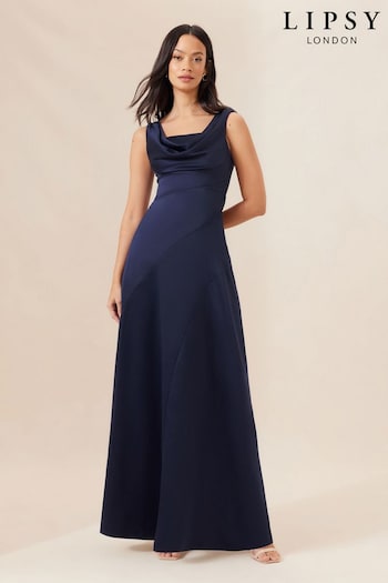 Lipsy Navy Blue Cowl Front Satin Maxi Bridesmaid Dress (K73195) | £105