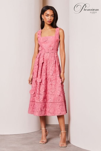 Lipsy Pink Premium 3D Lace Embroidery Floral Midi Prom Dress (K73351) | £152