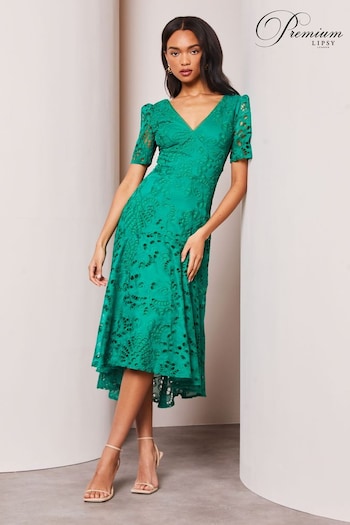 Lipsy Green Premium Broderie Lace Short Sleeve V Neck High Low Midi Dress (K73360) | £150