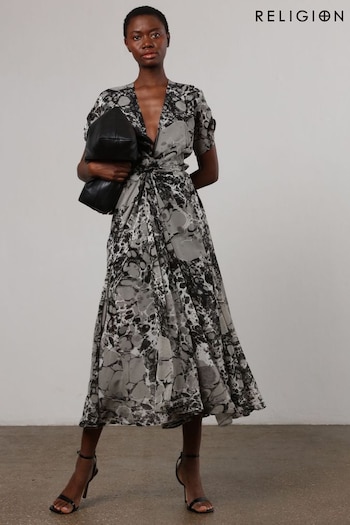 Religion Black & Grey Marble Print Wrap Dress With Full Skirt (K73539) | £100