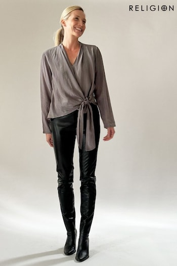 Religion Grey Long Sleeve Tie Front Double Layer Top In Cupro (K73541) | £68