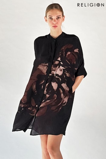 Religion Black Strike Tunic With Large Floral Placement In Seasonal Colours (K73549) | £88