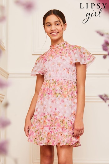 Lipsy Pink Printed High Neck Occasion Dress (5-16yrs) (K73601) | £40 - £48