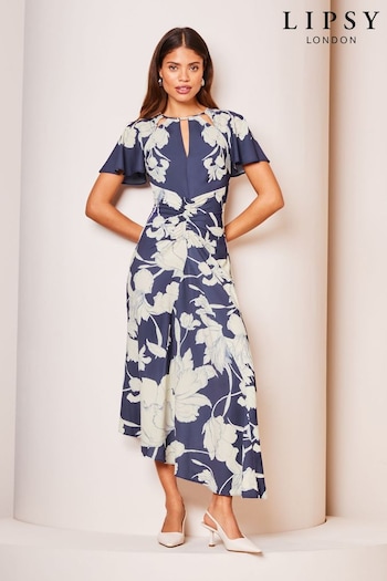 Lipsy Navy Floral Ruched Front Keyhole Cut out Asymmetrical Midi Dress (K73612) | £78