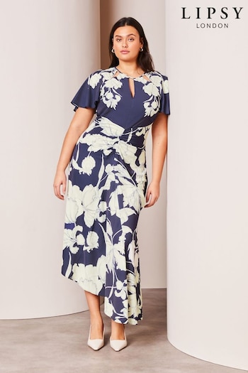 Lipsy Navy Blue Curve Ruched Front Keyhole Cut Out Asymmetrical Midi Dress (K73635) | £78