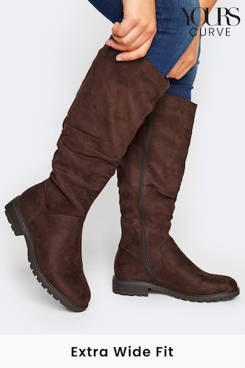 Yours Curve Brown Extra-Wide Fit Ruched Cleated Boots (K73694) | £55