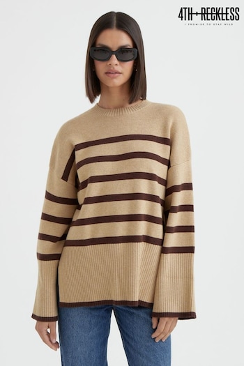 4th & Reckless Brown Cleo Striped Boxy Knitted Jumper (K73720) | £42