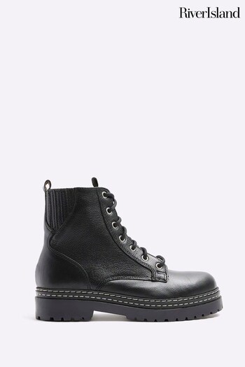 River Island Black Leather Elastic Lace Up Boots (K74039) | £70