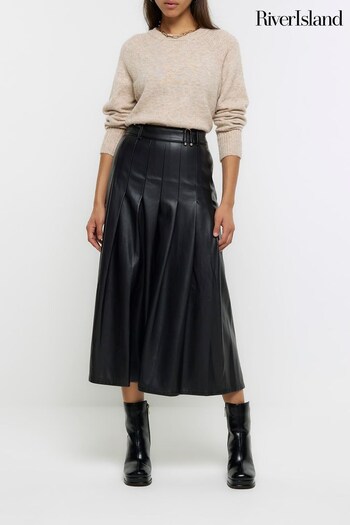 River Island Black Faux Leather Pleated Midi Skirt (K74078) | £50