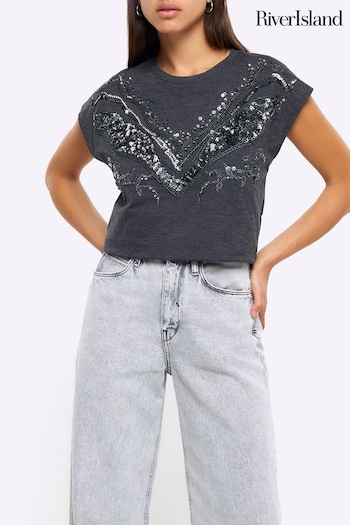 River Island Grey Embellished Detail T-Shirt (K74117) | £30