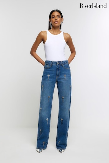 River Island Blue High Rise Embellished Relaxed Straight Jeans (K74130) | £75