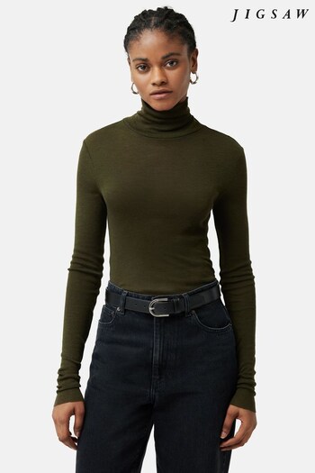 Jigsaw Green Wool Jersey Polo Neck Top (K74139) | £65